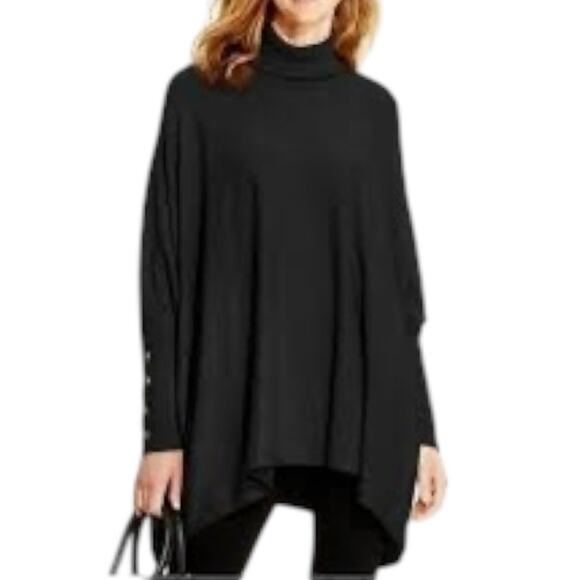 Alfani Women's Black Turtleneck Poncho Sweater Size Medium Fitted Button Cuffs - Picture 1 of 11